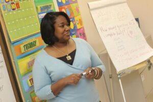 Teacher in front board with instructional materials