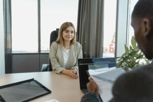 Woman at interview.